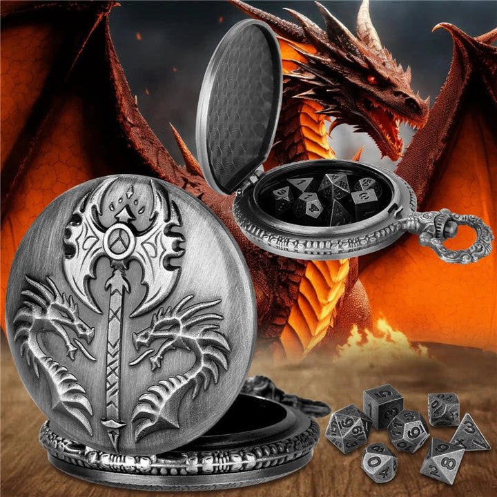 WorldNorse Double Dragon Axe Polyhedral Dice Waist Chain - Pocket Watch Case + Chain + Dice - Silver - image 1
