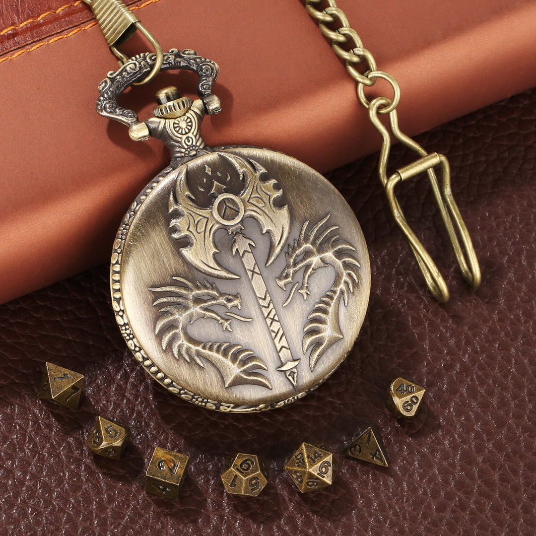 WorldNorse Double Dragon Axe Polyhedral Dice Waist Chain - Pocket Watch Case + Chain + Dice - Gold - image 6