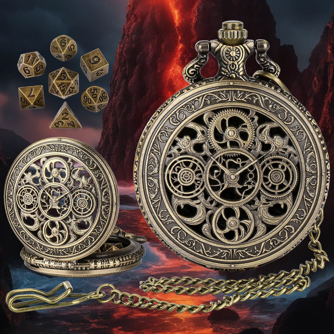 WorldNorse Punk Hollow Gears Mini Dice Set Waist Chain - Pocket Watch Case + Chain + Dice - Gold - image 1