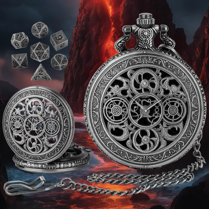WorldNorse Punk Hollow Gears Mini Dice Set Waist Chain - Pocket Watch Case + Chain + Dice - Silver - image 7