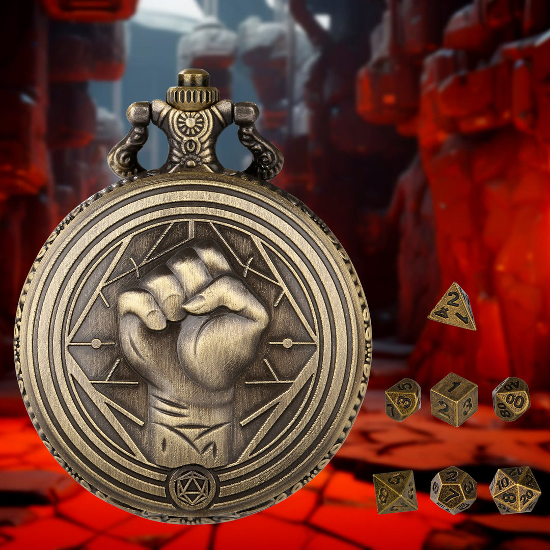 WorldNorse Monk Fist Seven Dice Accessories Waist Chain - Pocket Watch Case + Chain + Dice - Gold - image 1