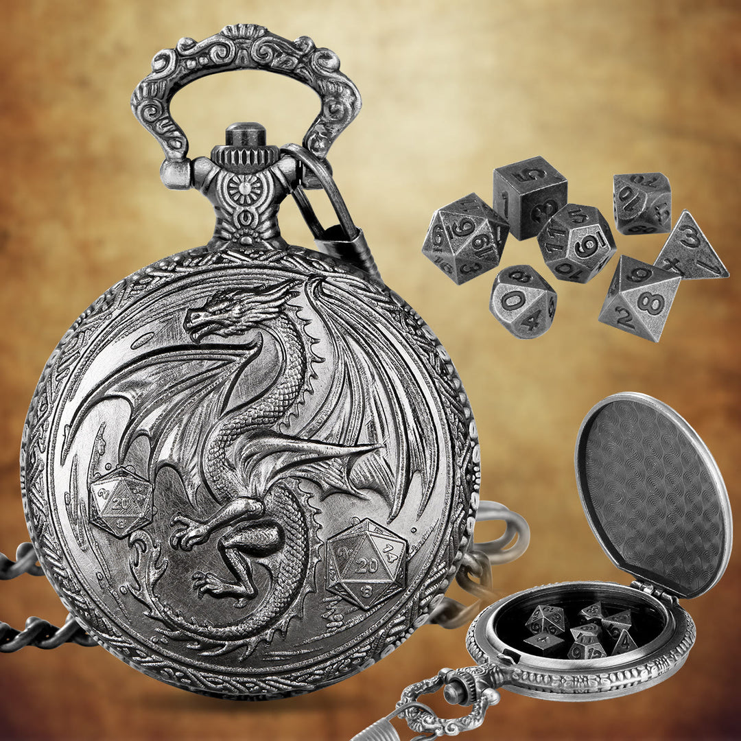 WorldNorse Dragon Pocket Watch Case Dice Set Waist Chain - Pocket Watch Case + Chain + Dice - Silver - image 7