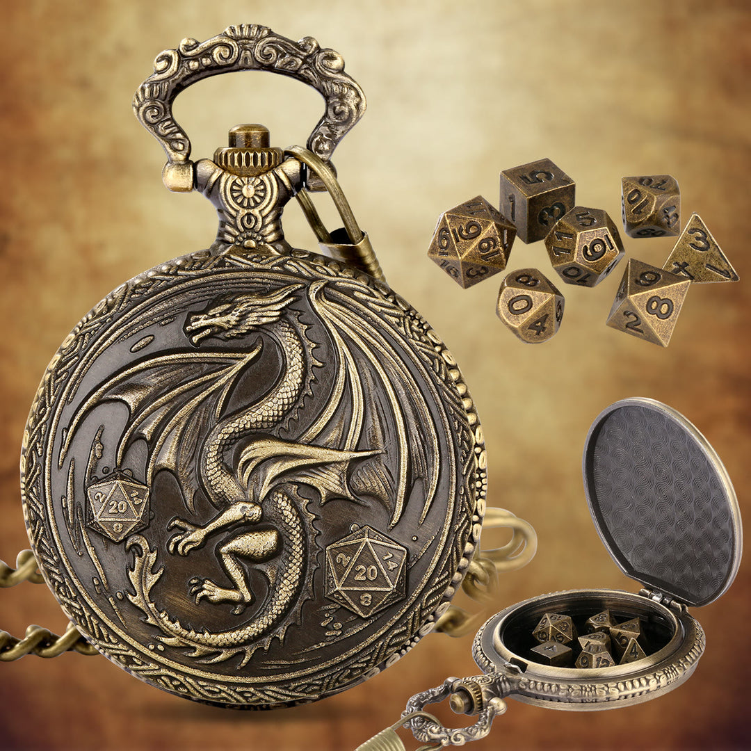 WorldNorse Dragon Pocket Watch Case Dice Set Waist Chain - Pocket Watch Case + Chain + Dice - Gold - image 0