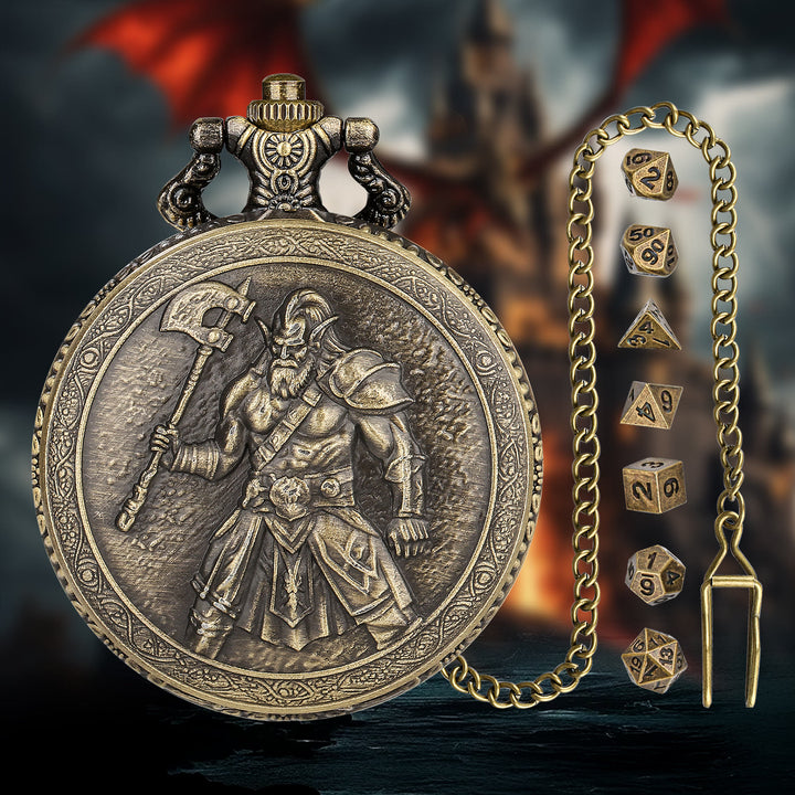 WorldNorse Viking Axe Barbarians Multi-sided Dice Set Waist Chain - Pocket Watch Box + Necklace + Dice - Gold - image 1
