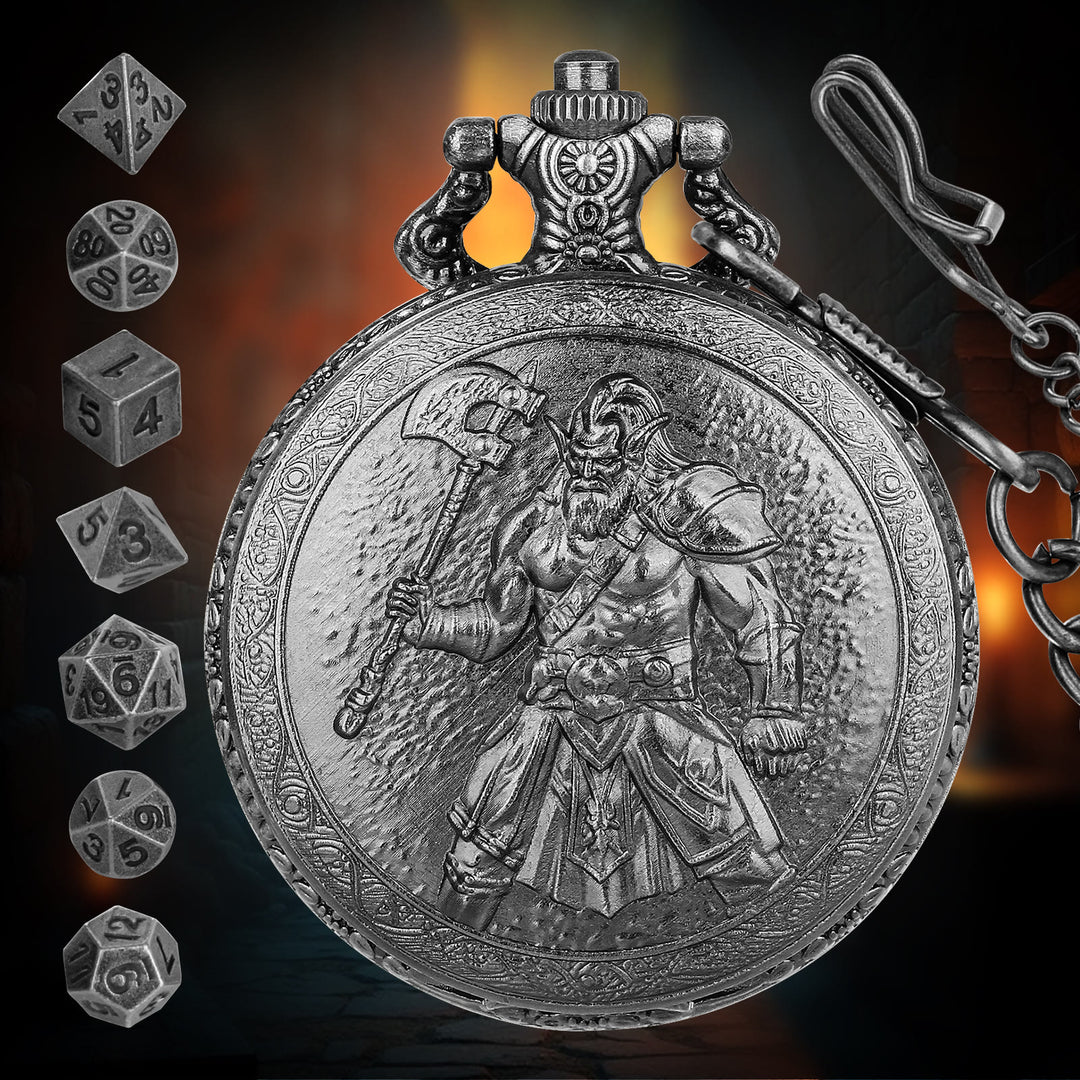 WorldNorse Viking Axe Barbarians Multi-sided Dice Set Waist Chain - Pocket Watch Box + Necklace + Dice - Silver - image 5