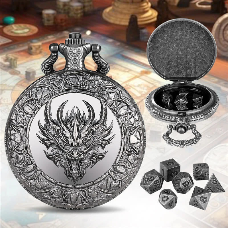 WorldNorse Viking Dragon Mini Polyhedral Dice Set Waist Chain - Pocket Watch Case + Chain + Dice - Silver - image 5