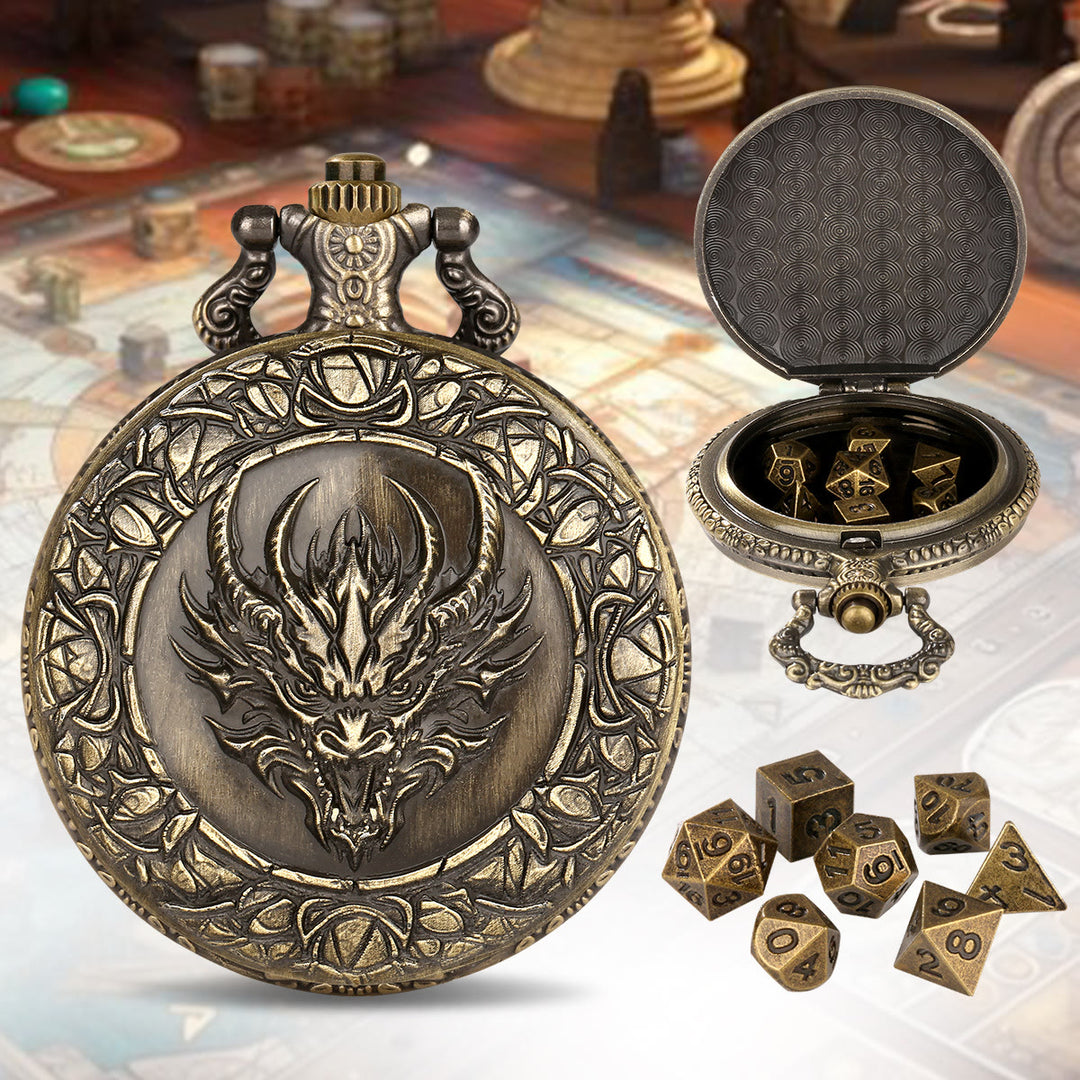 WorldNorse Viking Dragon Mini Polyhedral Dice Set Waist Chain - Pocket Watch Case + Chain + Dice - Gold - image 1