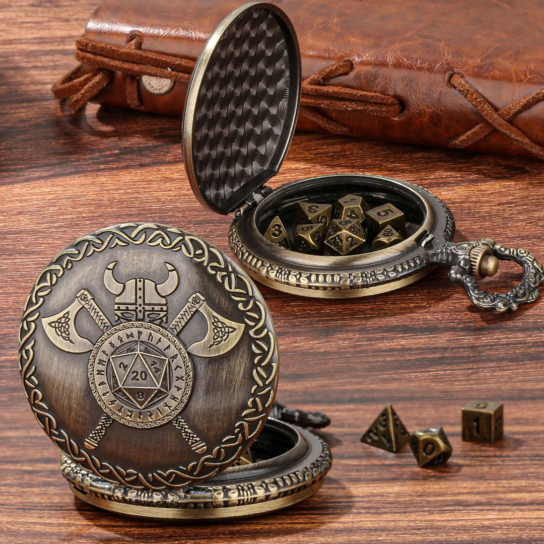 WorldNorse Viking Axe Helmet Rune Seven Dice Waist Chain - Pocket Watch Case + Chain + Dice - Gold - image 7