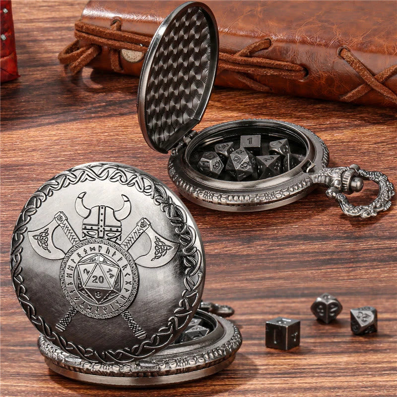 WorldNorse Viking Axe Helmet Rune Seven Dice Waist Chain - Pocket Watch Case + Chain + Dice - Silver - image 1
