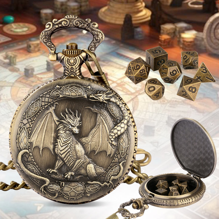 WorldNorse Mythology Dragon Pattern Polyhedral Dice Waist Chain - Pocket Watch Case + Chain + Dice - Gold - image 1
