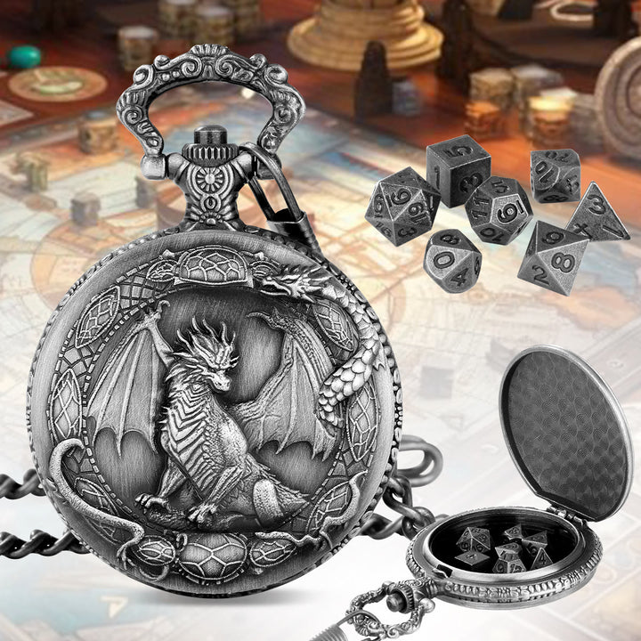 WorldNorse Mythology Dragon Pattern Polyhedral Dice Waist Chain - Pocket Watch Case + Chain + Dice - Silver - image 6