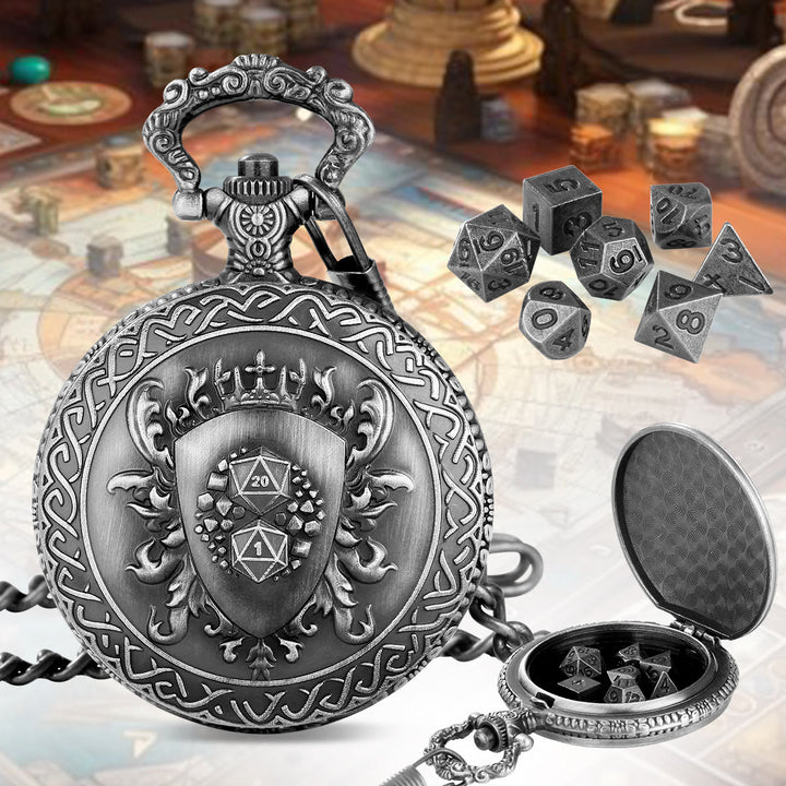 WorldNorse Vintage Shield Case Dice Set Waist Chain - Pocket Watch Case + Chain + Dice - Silver - image 6