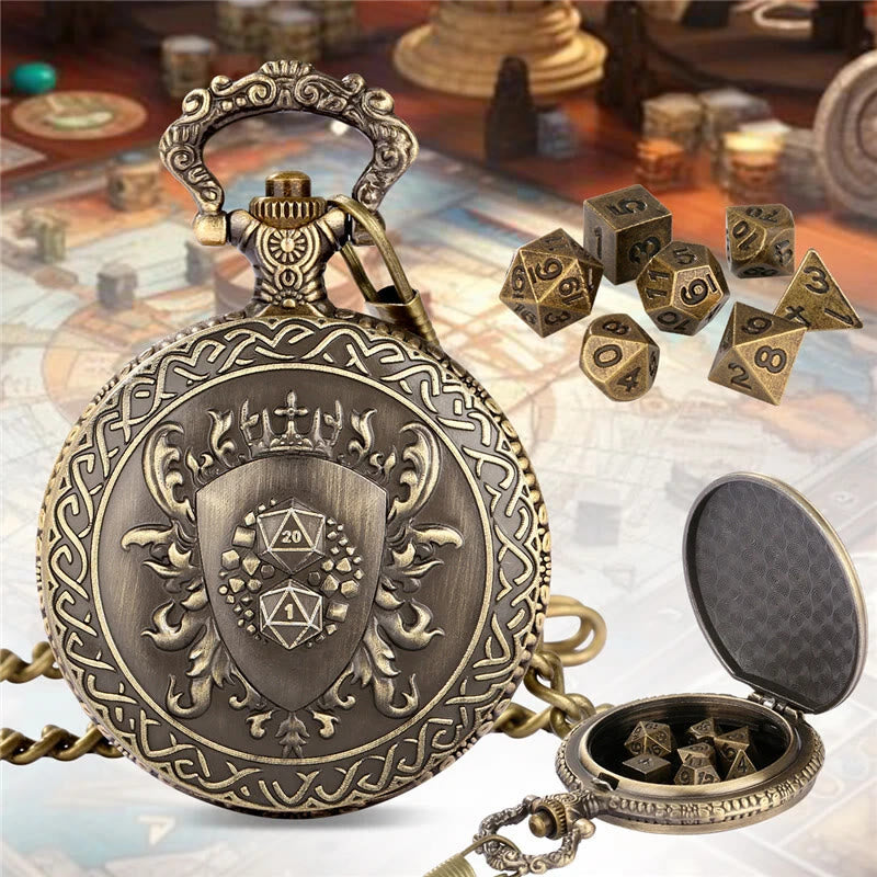 WorldNorse Vintage Shield Case Dice Set Waist Chain - Pocket Watch Case + Chain + Dice - Gold - image 1