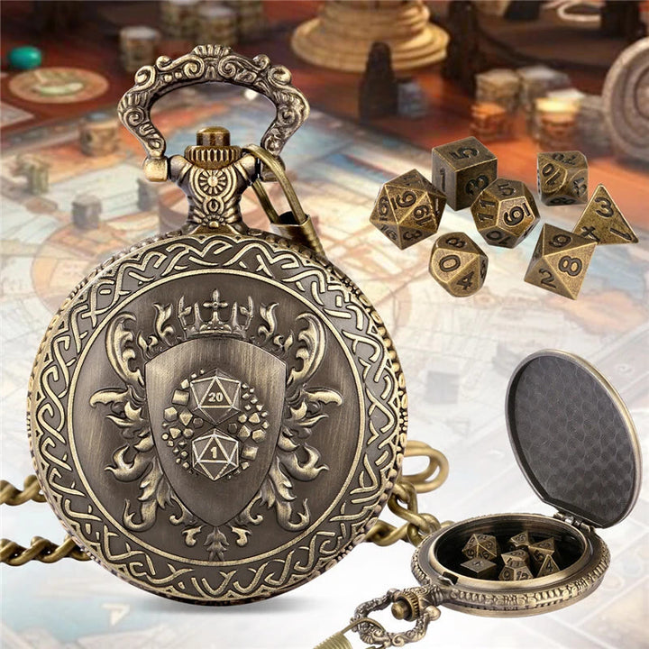 WorldNorse Vintage Shield Case Dice Set Waist Chain - Pocket Watch Case + Chain + Dice - Gold - image 1
