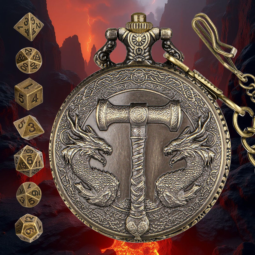 WorldNorse Hammer Double Dragons Dice Set Waist Chain - Pocket Watch Case + Chain + Dice - Gold - image 1