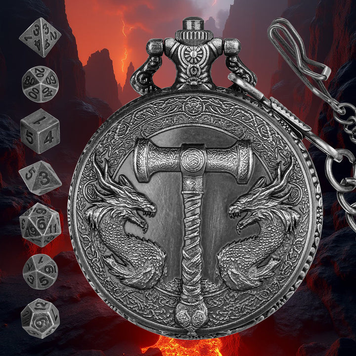 WorldNorse Hammer Double Dragons Dice Set Waist Chain - Pocket Watch Case + Chain + Dice - Silver - image 5