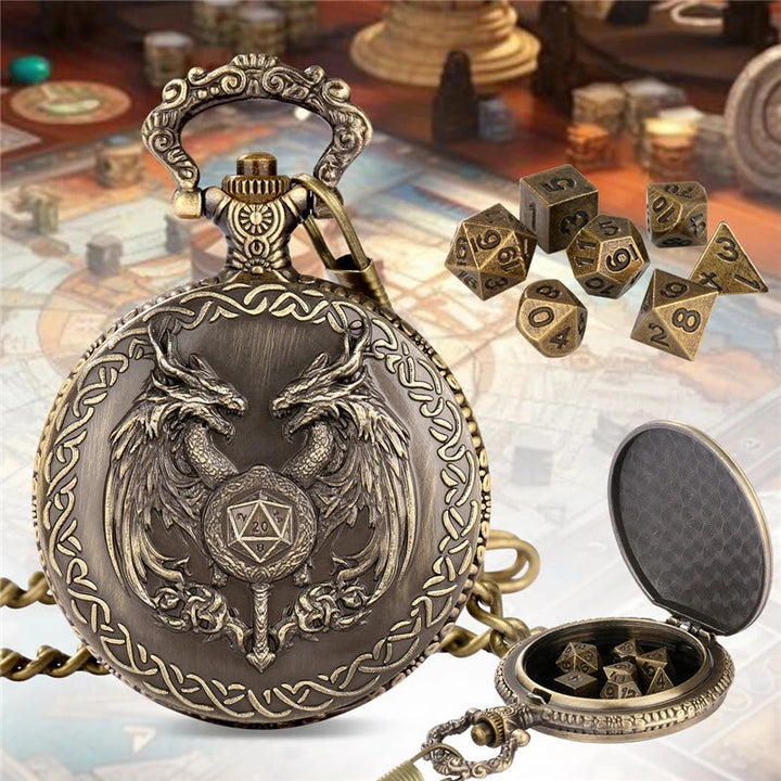 WorldNorse Magic Wand Dragon Mini Dice Set Waist Chain - Pocket Watch Case + Chain + Dice - Gold - image 0
