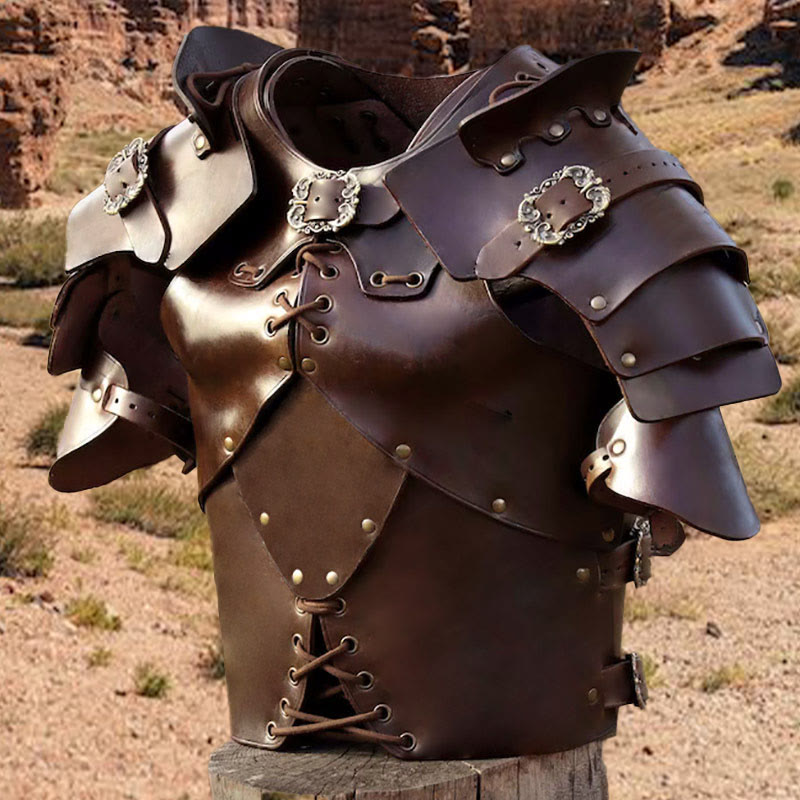 WorldNorse Medieval Rivets Lace Up Adjustable Buckles Chest Armor - Dark Brown - image 0