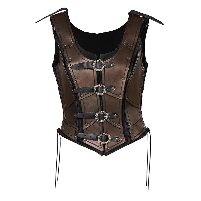 WorldNorse Women Retro Rivet Four Ring Buckles Chest Armor  - Brown - image 2