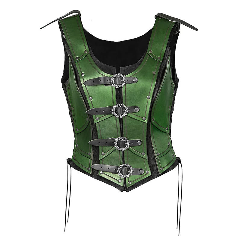 WorldNorse Women Retro Rivet Four Ring Buckles Chest Armor  - Green - image 6