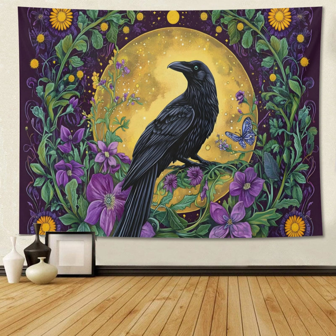 WorldNorse Raven Amidst Golden Moon Wildflowers Tapestry - Raven - 180X320cm - image 0