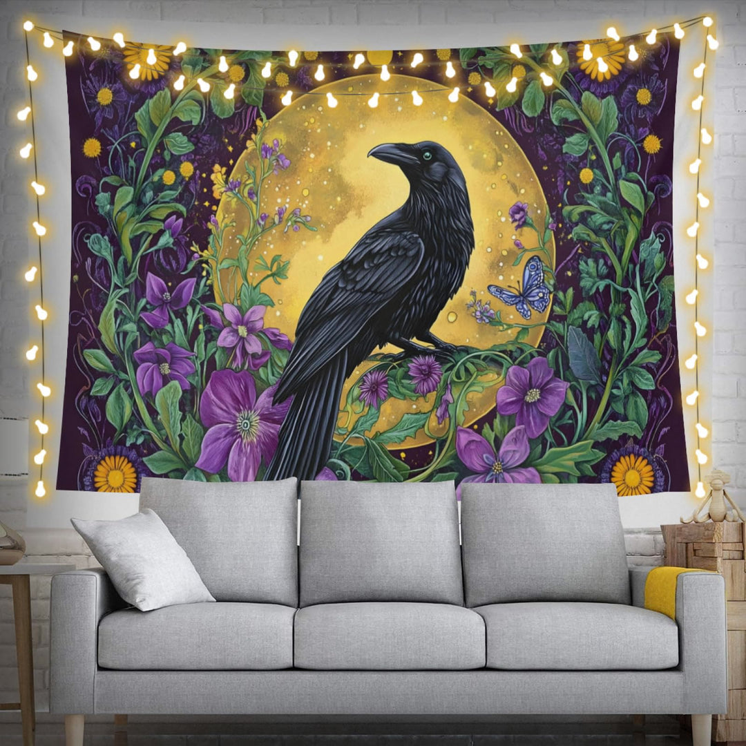 WorldNorse Raven Amidst Golden Moon Wildflowers Tapestry - image 2