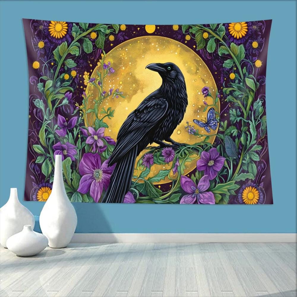 WorldNorse Raven Amidst Golden Moon Wildflowers Tapestry - image 1