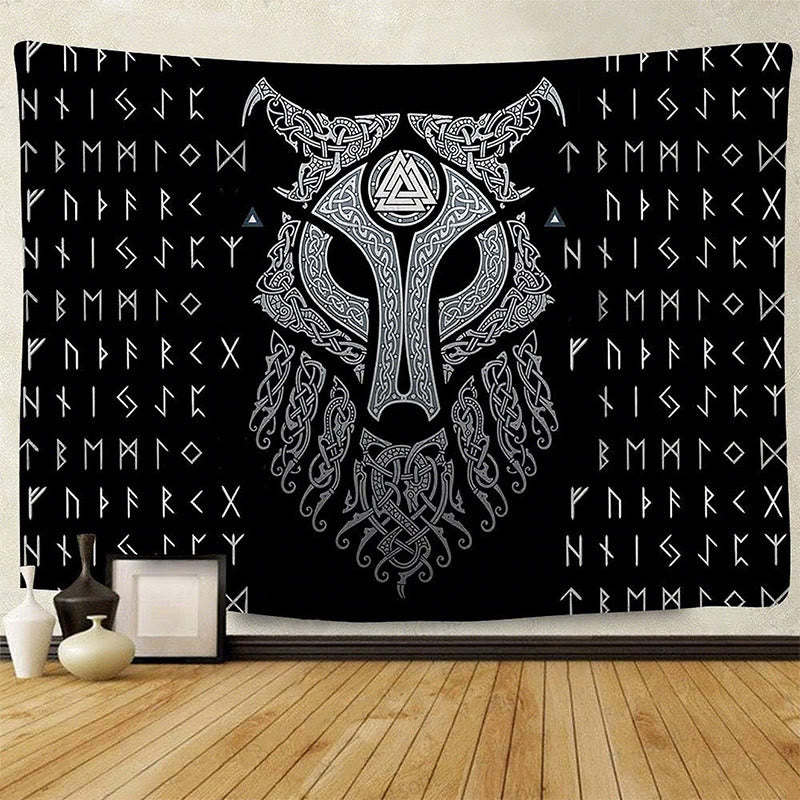 WorldNorse Celestial Fenrir Helm Rune Valknut Tapestry - Wolves - 180X320cm - image 0