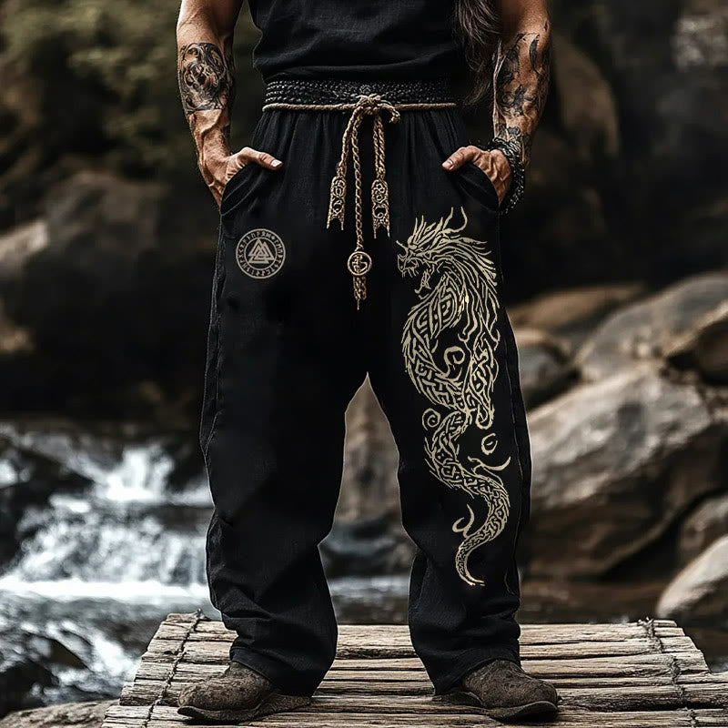 WorldNorse Viking Norse Dragon Valknut Rune Linen Pants - US/UK/AU50，EU60 (5XL) - image 0