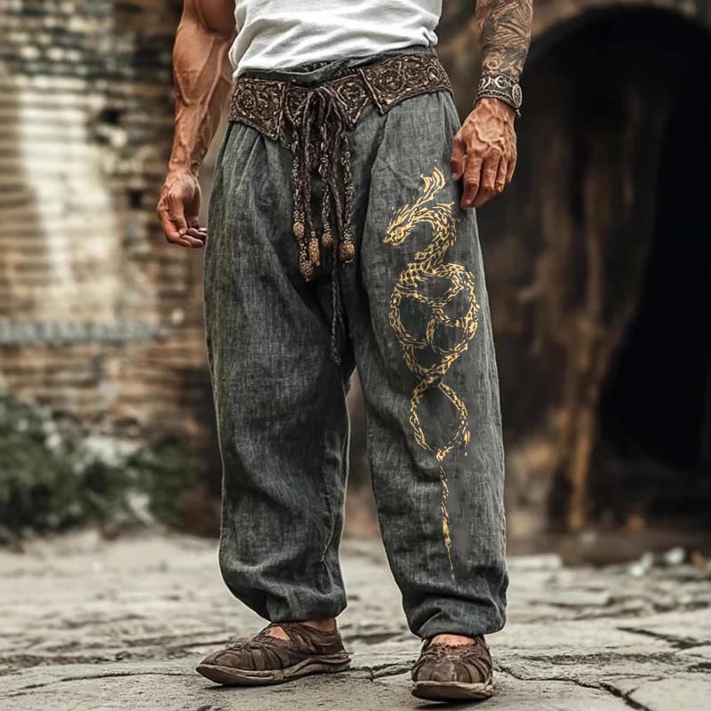 WorldNorse Vintage Norse Dragon Printed Linen Pants - US/UK/AU50，EU60 (5XL) - image 0