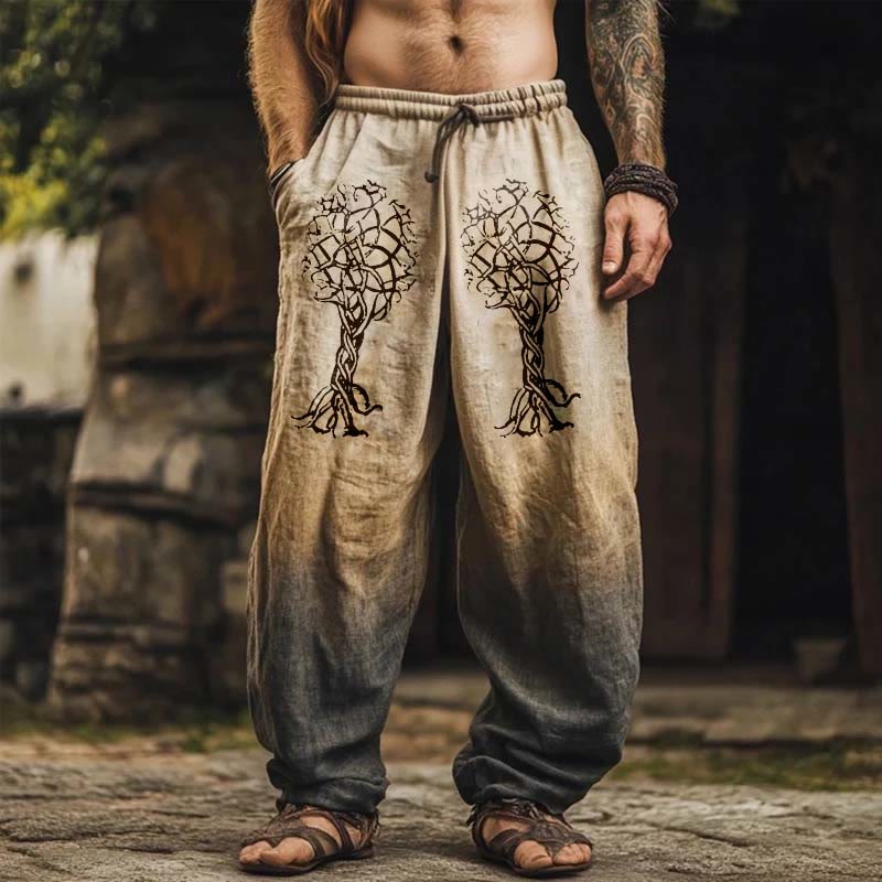 WorldNorse Vintage Yggdrasil Printed Linen Pants - US/UK/AU50，EU60 (5XL) - image 0