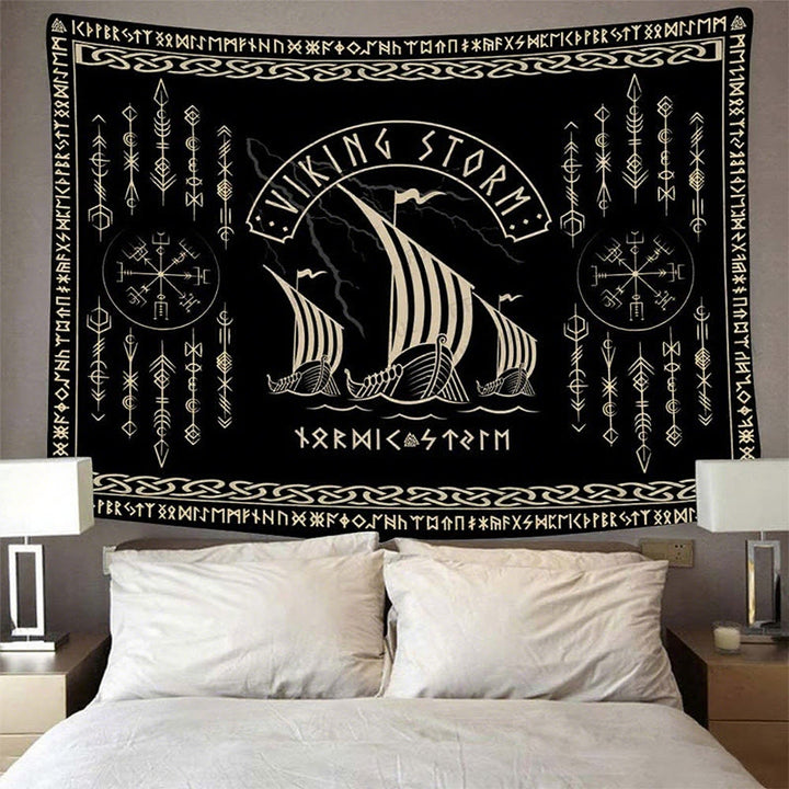 WorldNorse Viking Storm Longship Rune Totem Tapestry - image 1