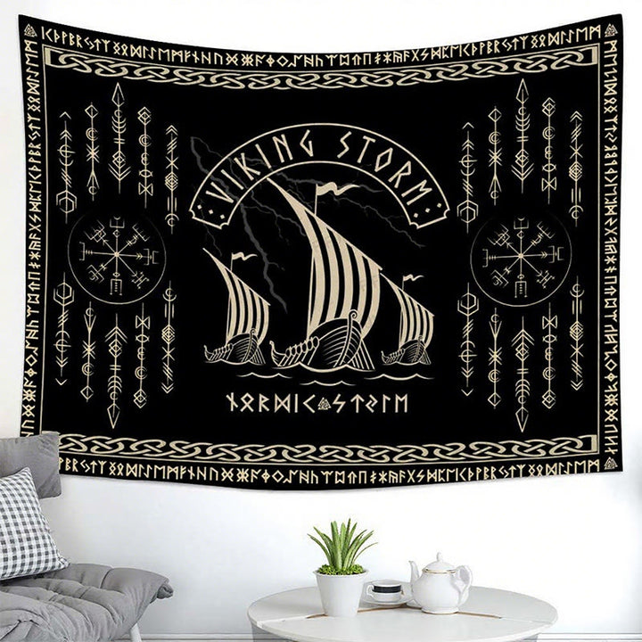 WorldNorse Viking Storm Longship Rune Totem Tapestry - image 3
