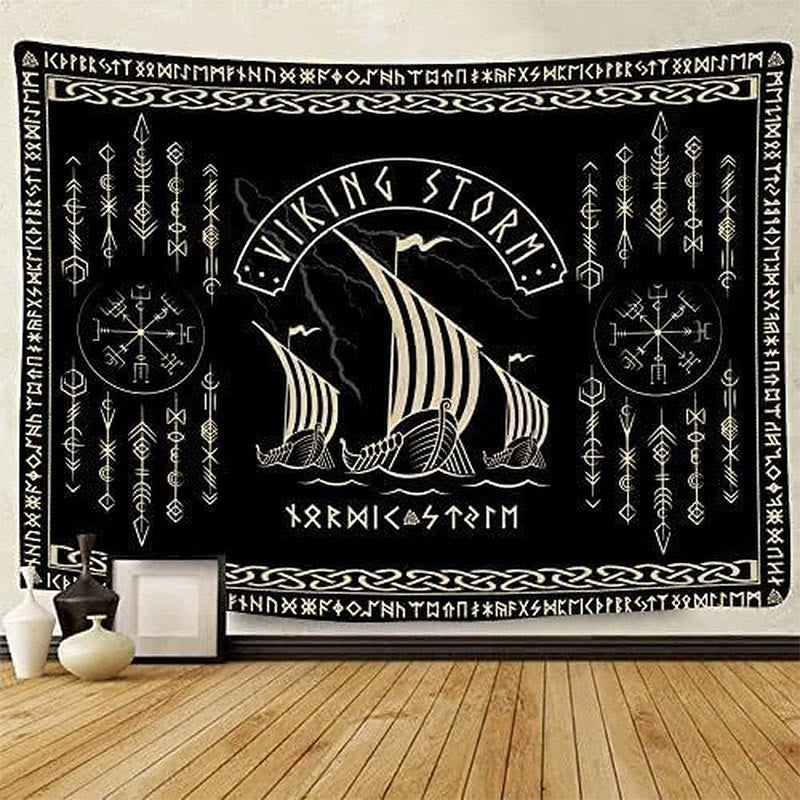 WorldNorse Viking Storm Longship Rune Totem Tapestry - Vegvisir - 180X320cm - image 0