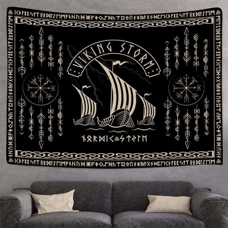 WorldNorse Viking Storm Longship Rune Totem Tapestry - image 2