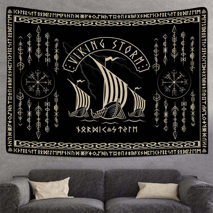 WorldNorse Viking Storm Longship Rune Totem Tapestry - image 2