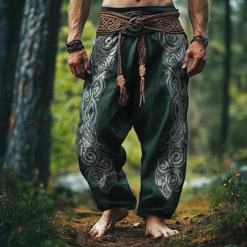 WorldNorse Viking Vintage Celtic Knot Pattern Linen Pants - Green - US/UK/AU50，EU60 (5XL) - image 3