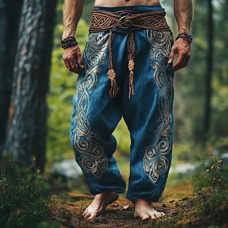 WorldNorse Viking Vintage Celtic Knot Pattern Linen Pants - Blue - US/UK/AU50，EU60 (5XL) - image 0