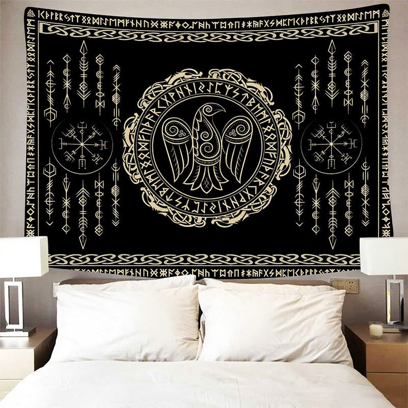 WorldNorse Raven Vegvisir Rune Pattern Tapestry - image 2