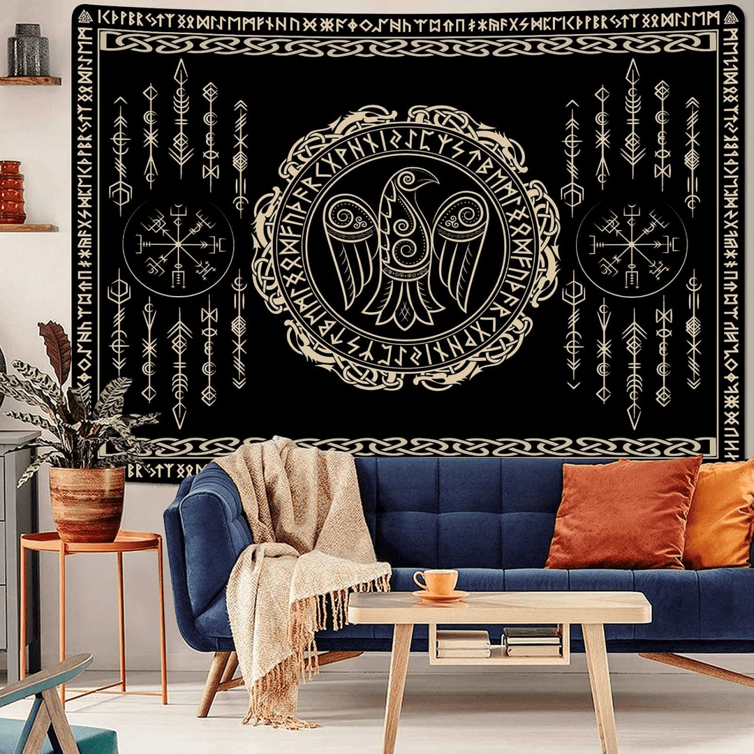 WorldNorse Raven Vegvisir Rune Pattern Tapestry - Raven - 180X320cm - image 0