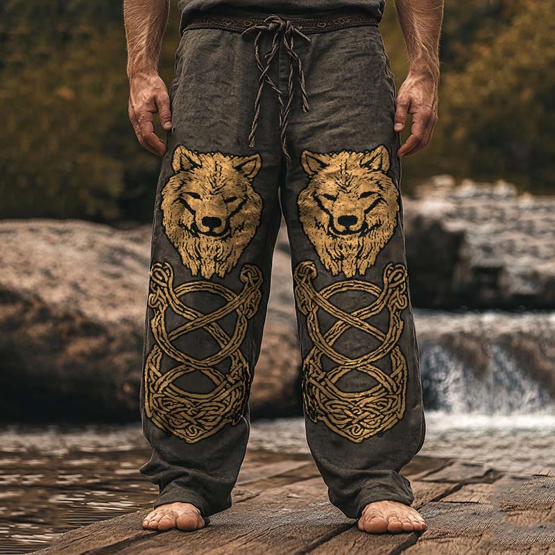 WorldNorse Viking Vintage Fenrir Printed Linen Pants - US/UK/AU50，EU60 (5XL) - image 0