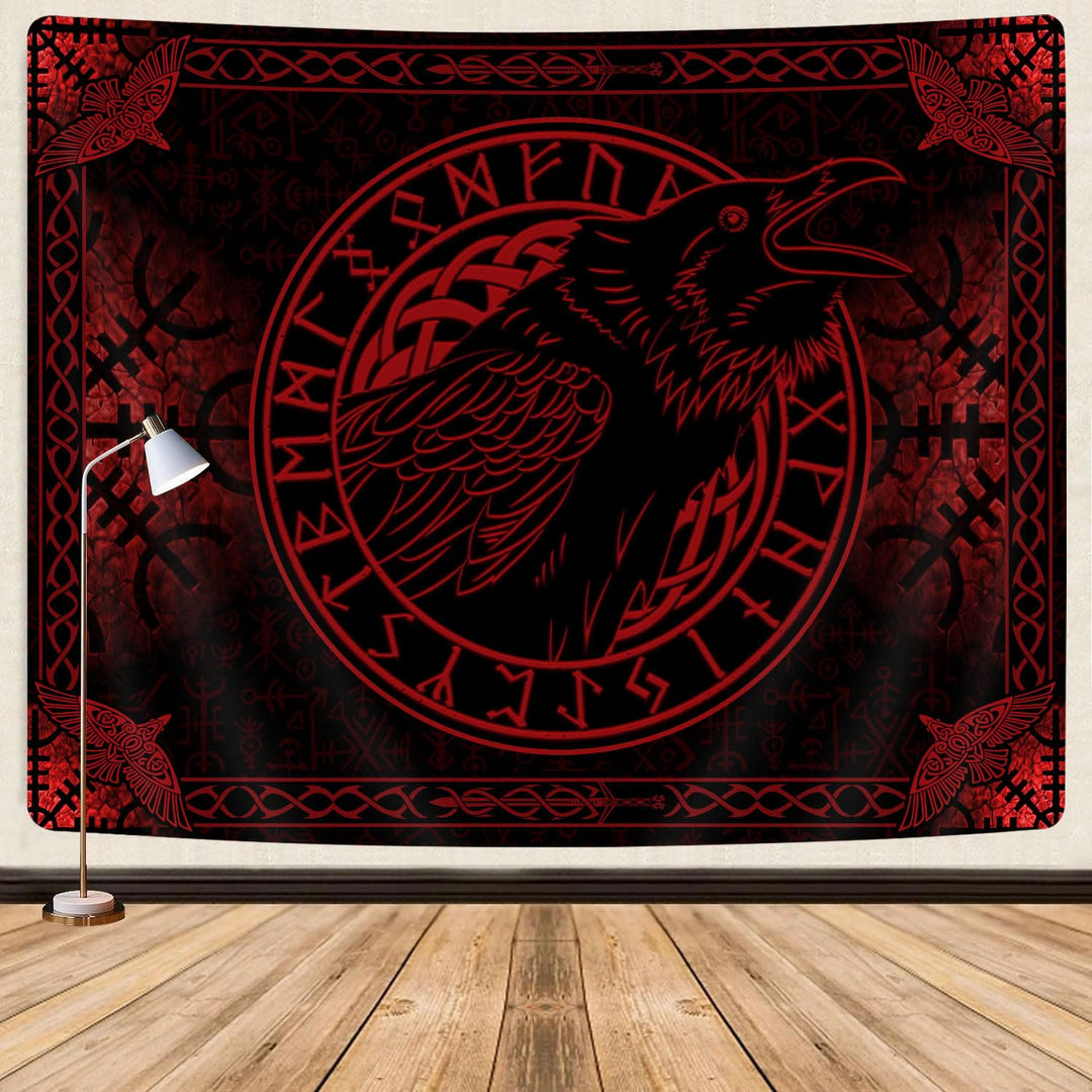 WorldNorse Raven Crow Rune Red And Black Tapestry - Raven - 180X320cm - image 0