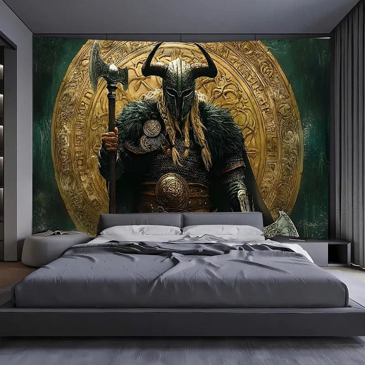 WorldNorse Viking Warrior Twin Axes Golden Disk Tapestry - image 2