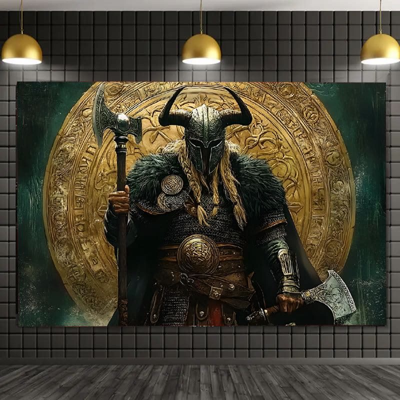 WorldNorse Viking Warrior Twin Axes Golden Disk Tapestry - image 1