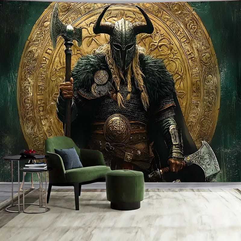 WorldNorse Viking Warrior Twin Axes Golden Disk Tapestry - Viking Axe - 180X320cm - image 0
