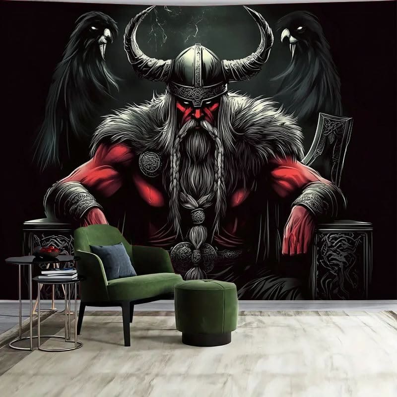 WorldNorse Dark Ravens Horned Helmet Viking Chieftain Tapestry - Raven - 180X320cm - image 0