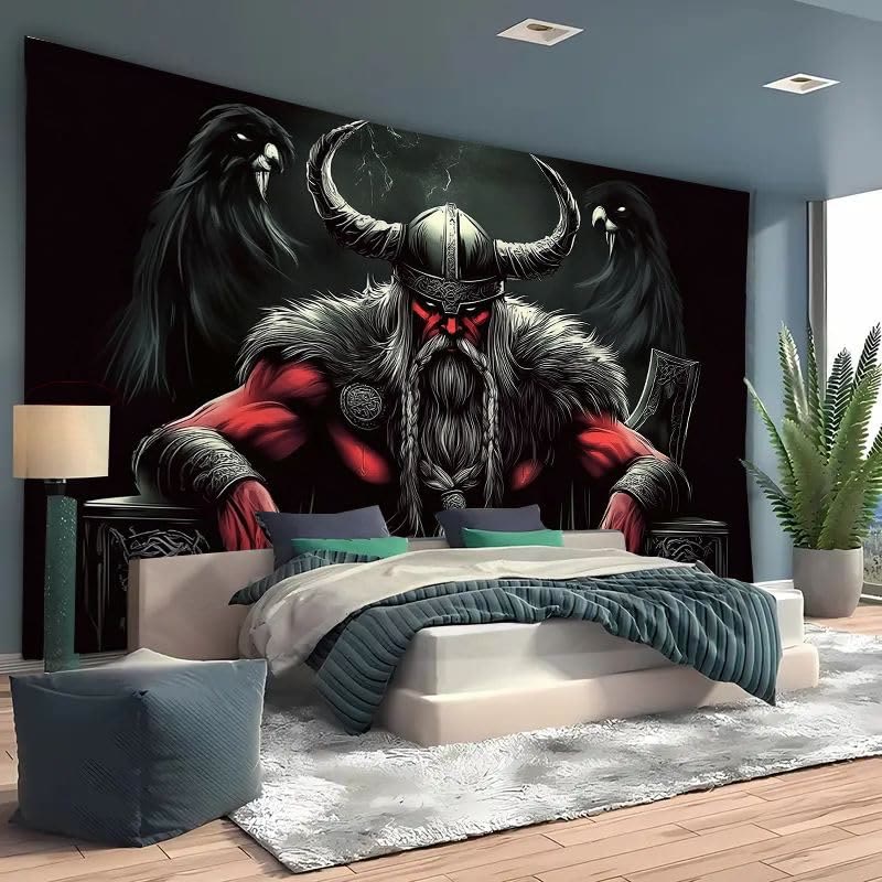 WorldNorse Dark Ravens Horned Helmet Viking Chieftain Tapestry - image 1