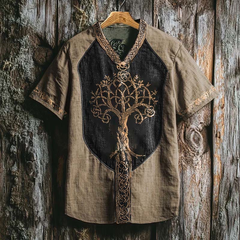 WorldNorse Viking Retro Yggdrasil Celtic Knot Linen V-neck T Shirt - Khaki - US/UK/AU50，EU60 (5XL) - image 1