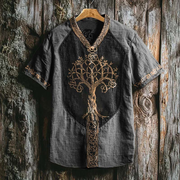 WorldNorse Viking Retro Yggdrasil Celtic Knot Linen V-neck T Shirt - Dark Grey - US/UK/AU50，EU60 (5XL) - image 4