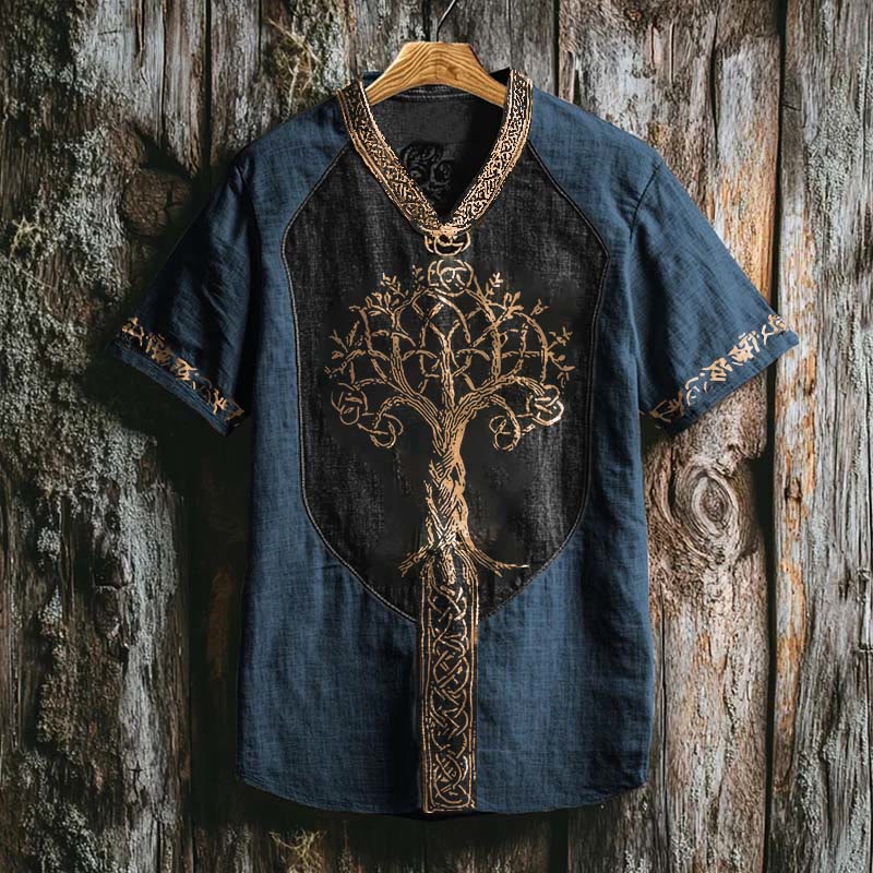 WorldNorse Viking Retro Yggdrasil Celtic Knot Linen V-neck T Shirt - Blue - US/UK/AU50，EU60 (5XL) - image 3